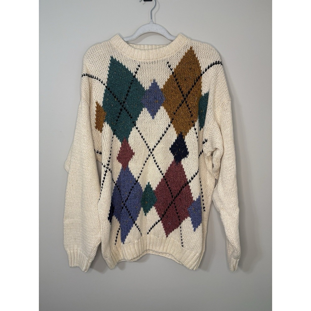 VTG 90s Etchings Sweater Ivory Argyle Multicolor Cotton Ramie Preppy Men's Large